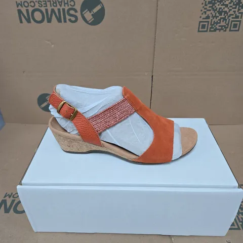 VIONIC WOMEN'S WEDGE SANDALS – ORANGE SUEDE STRAPS, PINK BRAIDED ANKLE STRAP, CORK HEEL UK 7 BOXED