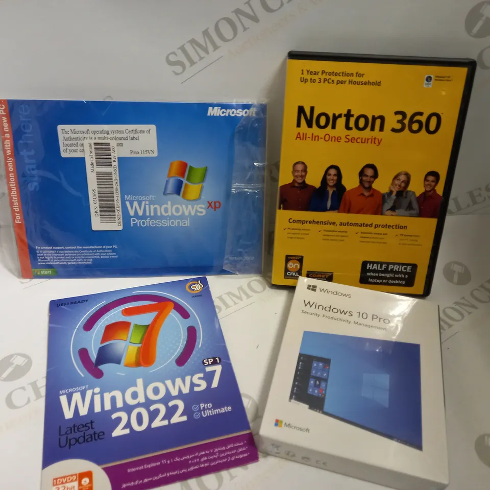 BOX OF 4 ITEMS INCLUDING SEALED WINDOWS 10 PRO, NORTON 360 SECURITY AND WINDOWS 7 2022