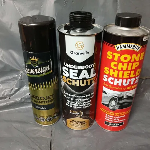 APPROXIMATELY 9 ASSORTED AEROSOLS TO INCLUDE SAVEREIGN TURBOJET AIR SANITISER, GRANVILLE UNDERBODY SEAL, HAMMERITE STONE CHIP SHIELD, ETC- COLLECTION ONLY