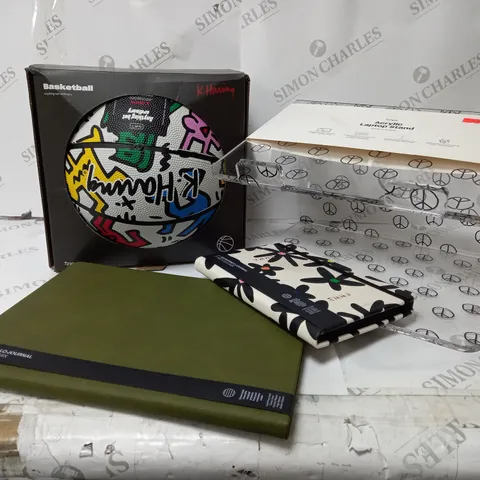 APPROXIMATELY 9 ASSORTED ITEMS TO INCLUDE KEITH HARING BASKETBALL SIZE 7, A4 JOURNAL, A5 JOURNAL, ACRYLIC LAPTOP STAND ETC.