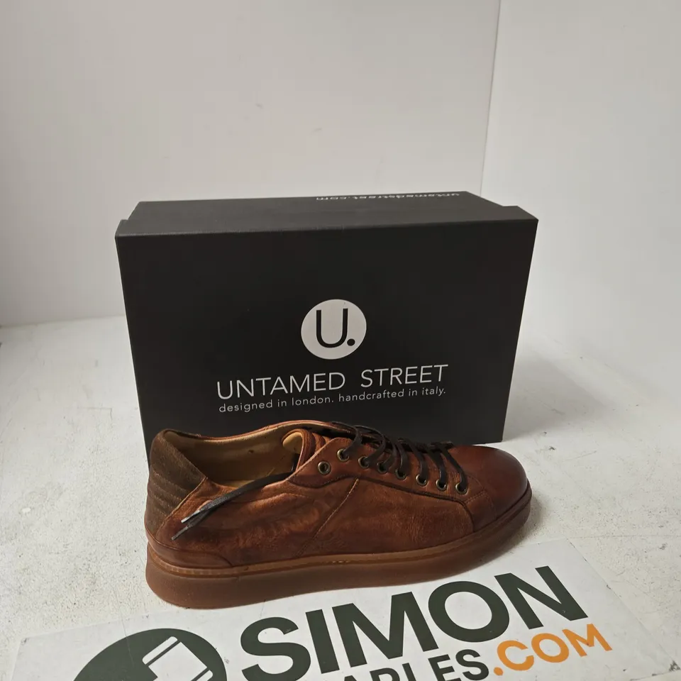 BOXED  UNTAMED STREET COGNAC DISTRESSED LEATHER SNEAKERS (EU 44) - UK 10