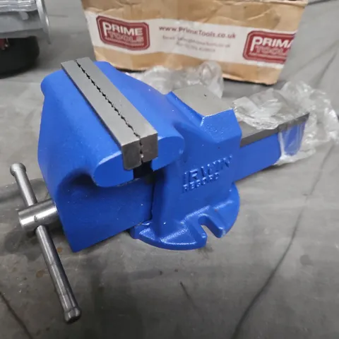 Blue bench vise with steel jaws