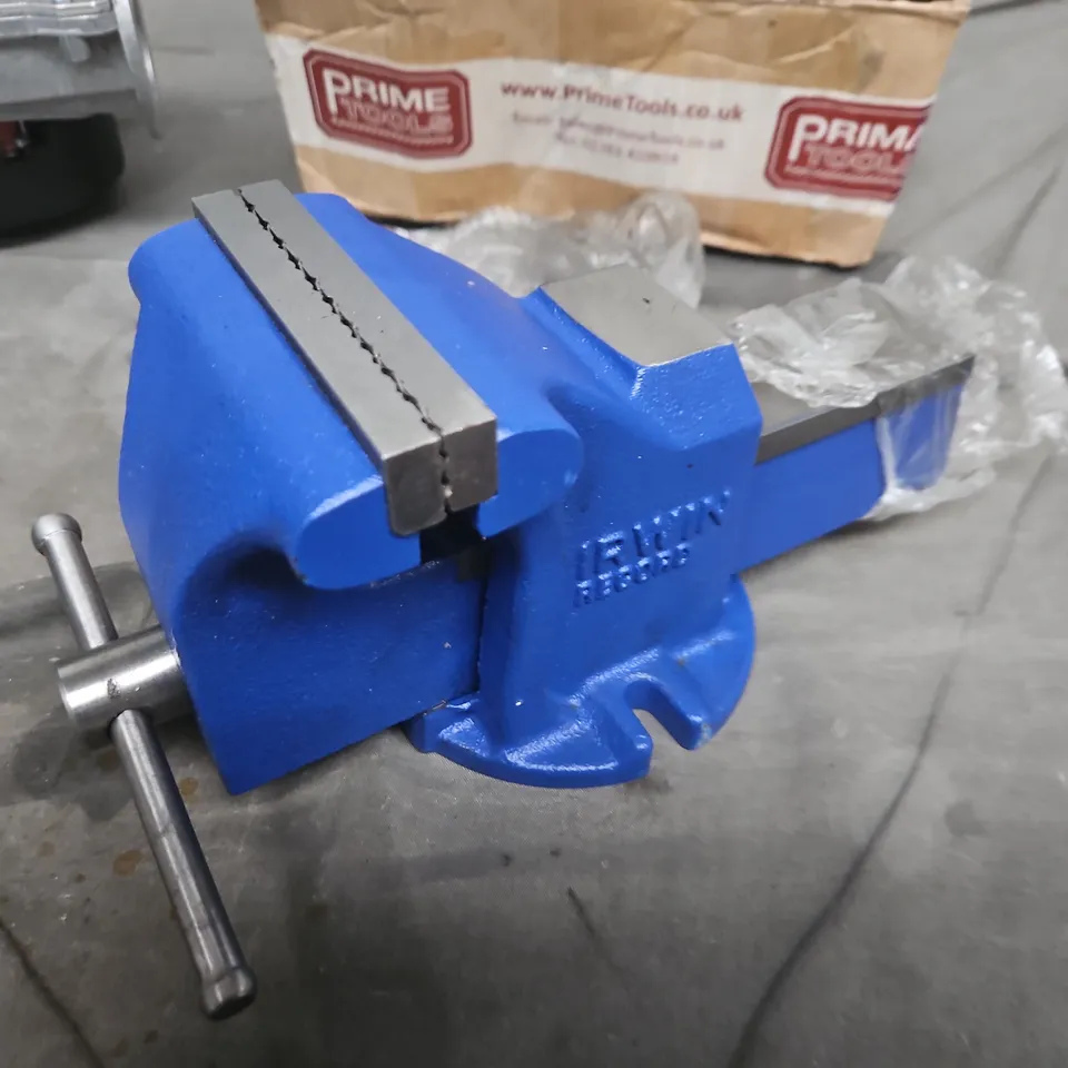 Blue bench vise with steel jaws