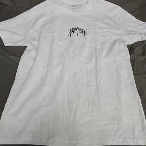 BAD MONDAY WHITE T‑SHIRT WITH CHEST GRAPHIC AND LARGE BACK LOGO