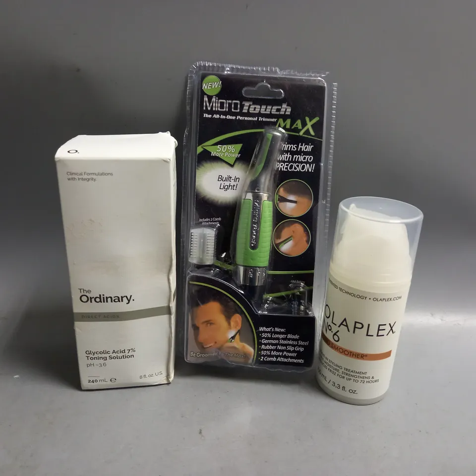 APPROXIMATELY 20 ASSORTED HEALTH AND BEAUTY PRODUCTS TO INCLUDE OLAPLEX NO.6 BOND SMOOTHER 100ML, THE ORDINARY GLYCOLIC ACID 7% TONING SOLUTION 240ML, PERSONAL HAIR TRIMMER