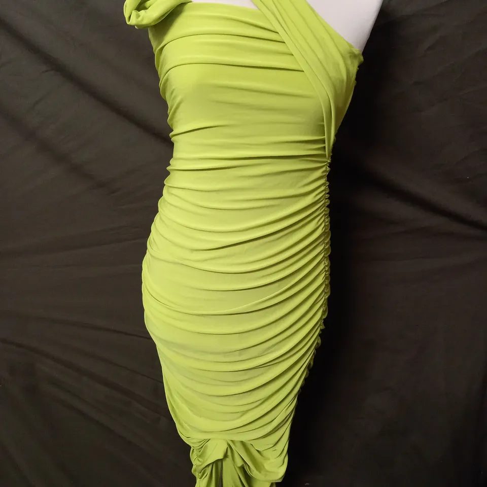 CLUB OF LONDON LIME GREEN ASYMMETRIC ONE SHOULDER RUCHED MIDI DRESS - UK 12