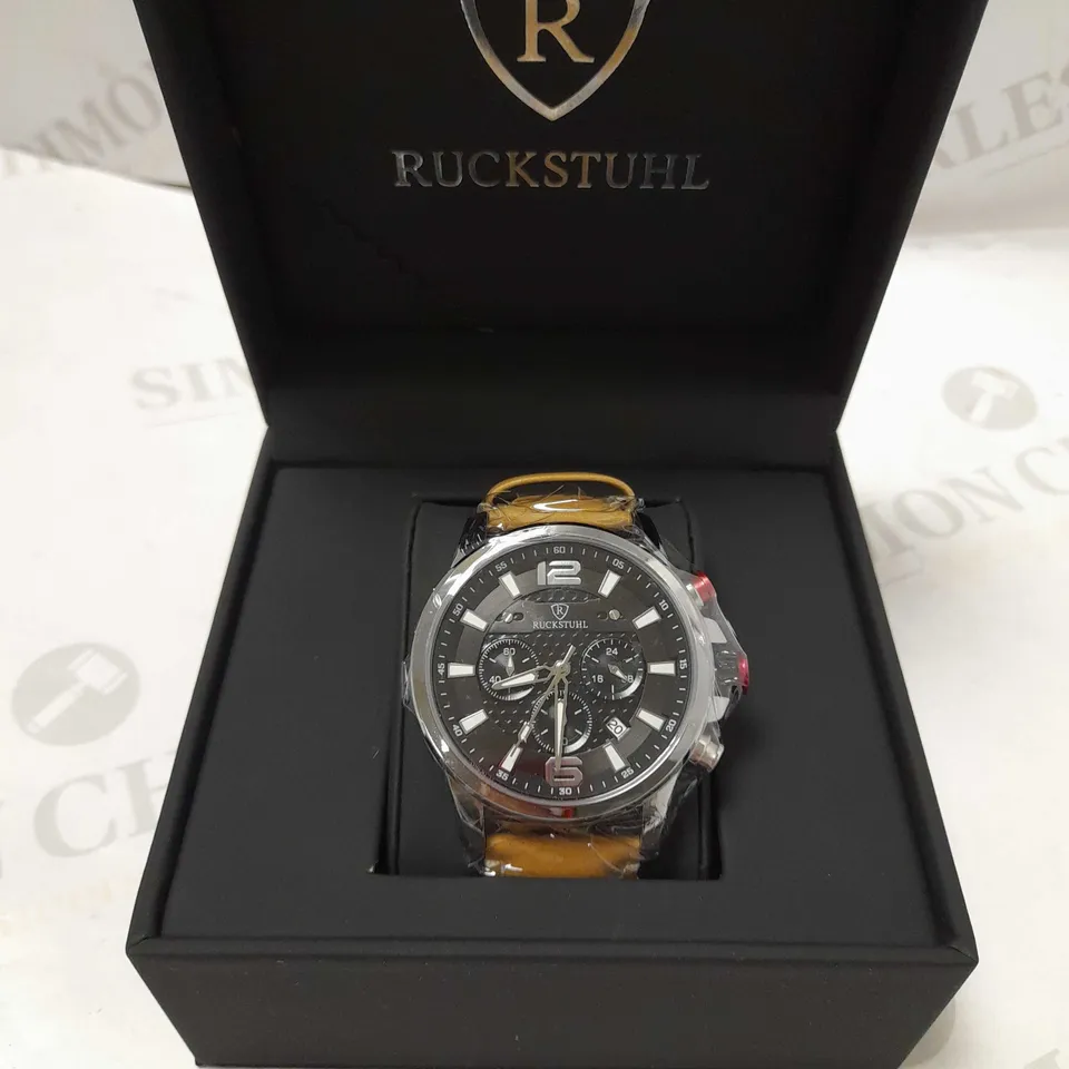 RUCKSTUHL TRIPLE DIAL BROWN LEATHER STRAP WRISTWATCH