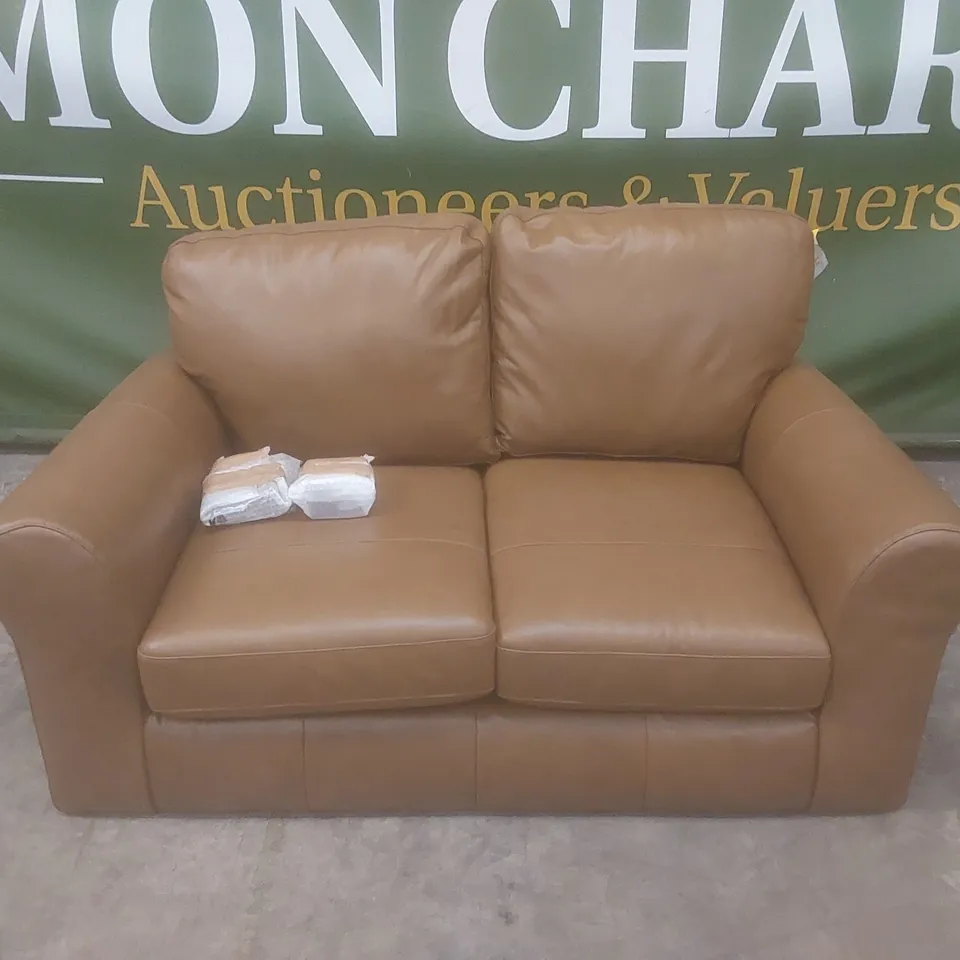 DESIGNER BAILEY 2 SEATER TAN LEATHER UPHOLSTERED SOFA  