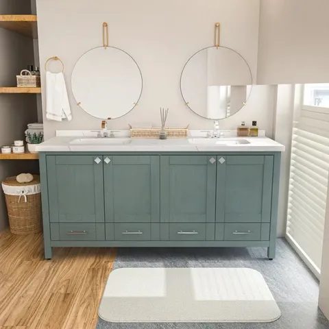 KARDELEN 180cm FREESTANDING DOUBLE BATHROOM VANITY WITH ONE TAP HOLE MARBLE EFFECT BASIN IN SEA GREEN