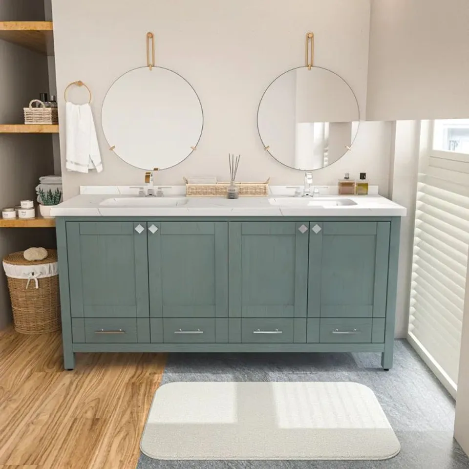 KARDELEN 180cm FREESTANDING DOUBLE BATHROOM VANITY WITH ONE TAP HOLE MARBLE EFFECT BASIN IN SEA GREEN