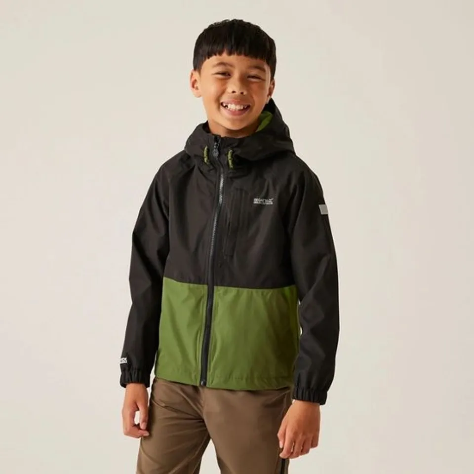 REGATTA KIDS HANLEIGH II WATERPROOF JACKET BLACK/GREEN AGE 15-16YEAR