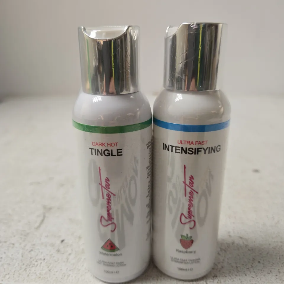 SUPREME TAN TWO MINI BOTTLES LABELED 'DARK HOT TINGLE' AND 'ULTRA FAST INTENSIFYING'