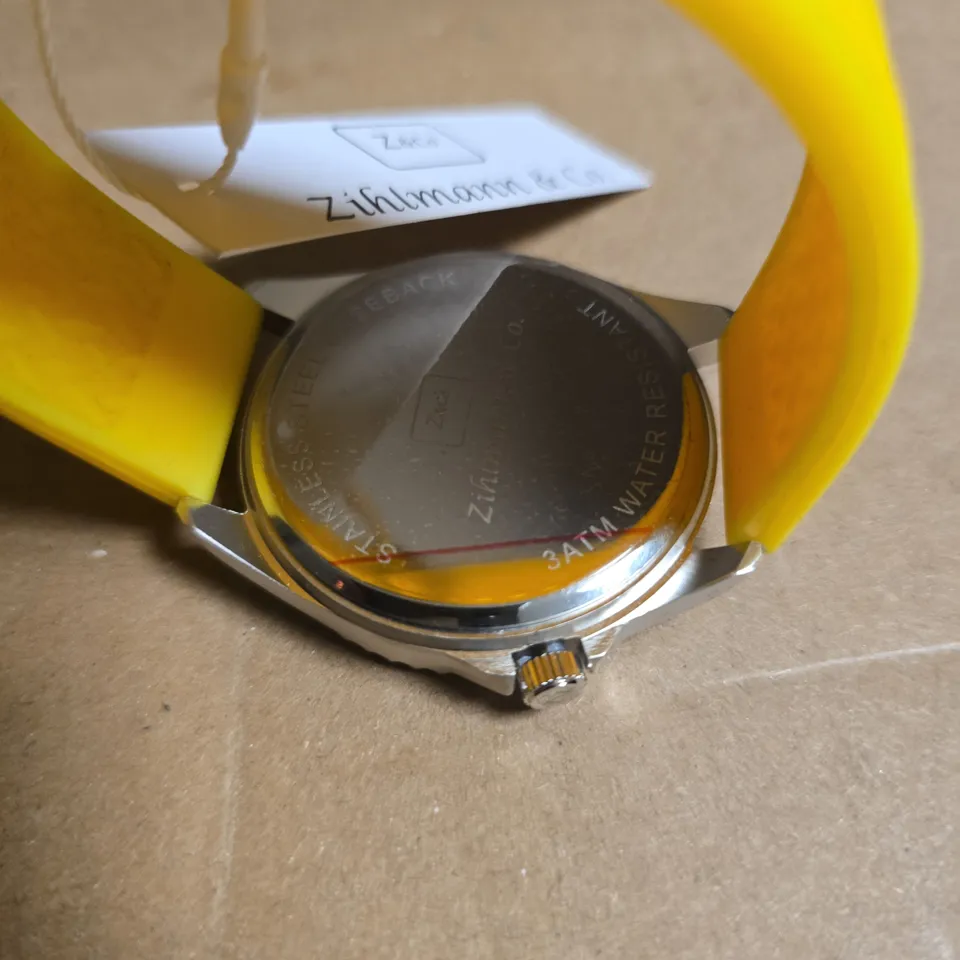 ZIHLMANN & CO STAINLESS STEEL WATCH WITH YELLOW FACE & RUBBER STRAP