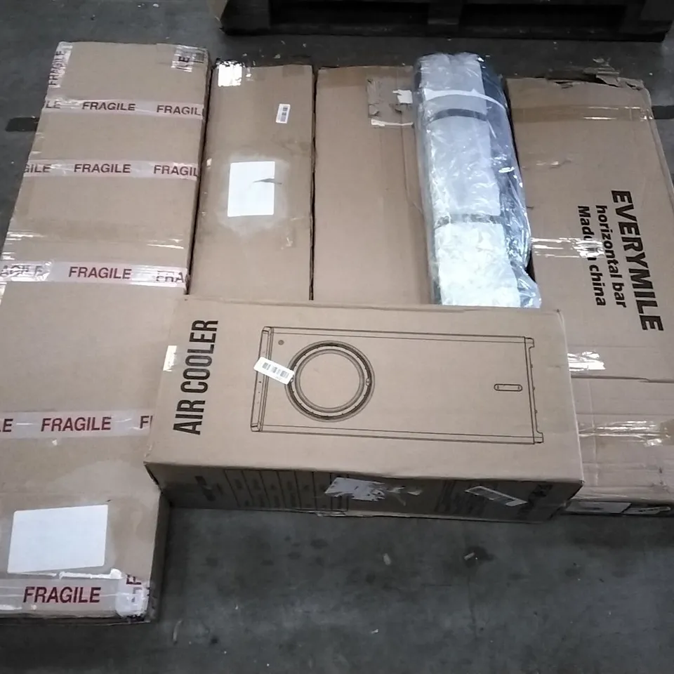 PALLET OF ASSORTED ITEMS INCLUDING AIR COOLER, JUNIOR BASKETBALL SYSTEM, STREAM CAMPING TENT, NORTHEN STONE AEROBIC STEP, SUNNYFEEL DIRECTOR CHAIR WITH SIDE TABLE AND STORAGE POCKET