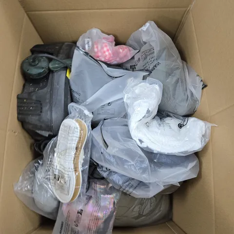 LARGE BOX OF APPROX 20 ASSORTED CLOTHING ITEMS IN VARIOUS COLORS , STYLES AND SIZES 