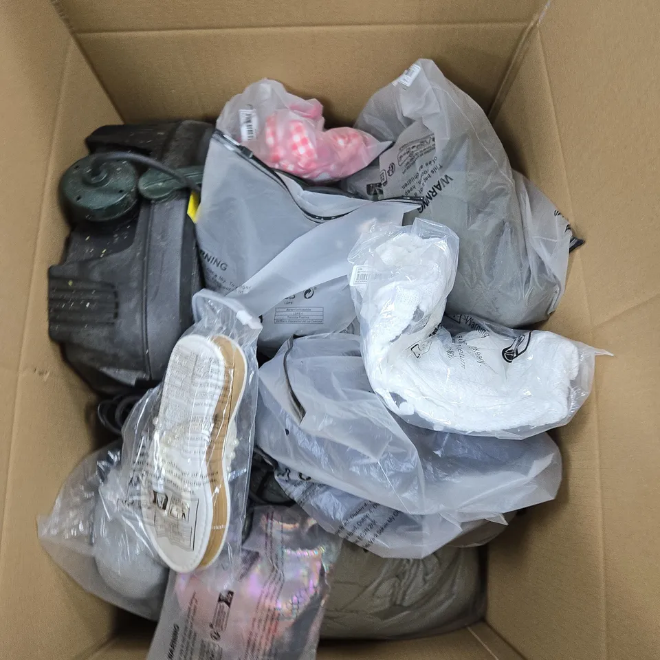 LARGE BOX OF APPROX 20 ASSORTED CLOTHING ITEMS IN VARIOUS COLORS , STYLES AND SIZES