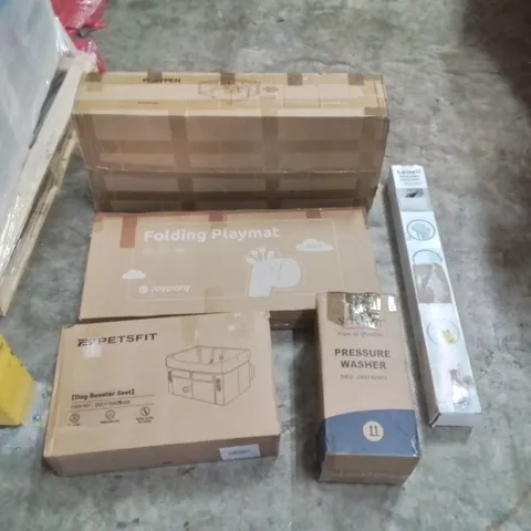 PALLET OF ASSORTED ITEMS TO INCLUDE: PRESSURE WASHER, PLAYPEN, DOG BOOSTER SEAT, RETRACTABLE SAFETY GATE ECT