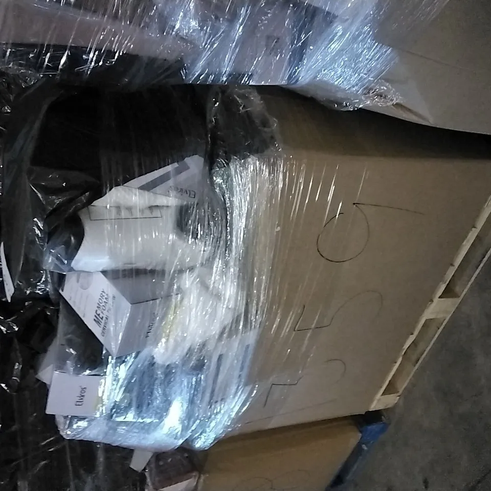 PALLET OF ASSORTED ITEMS INCLUDING ELVIROS ME MEMORY FOAM CERVICAL PILLOW, INFINITE BACK CUSHION, TEMPUR PILLOW 