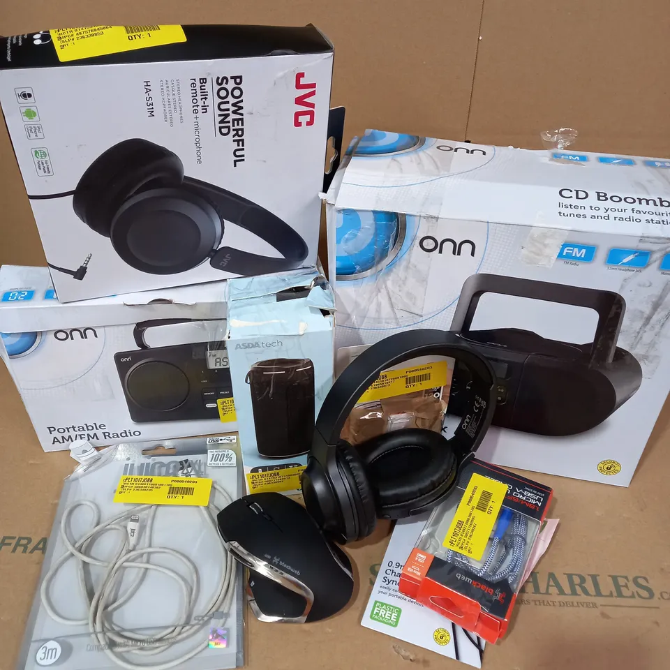 LOT OF APPROX. 10 X ITEMS TO INCLUDE ONN CD BOOMBOX, JVC HA-S31M HEADPHONES, ASDA TECH PORTABLE BLUETOOTH SPEAKER, ETC. 