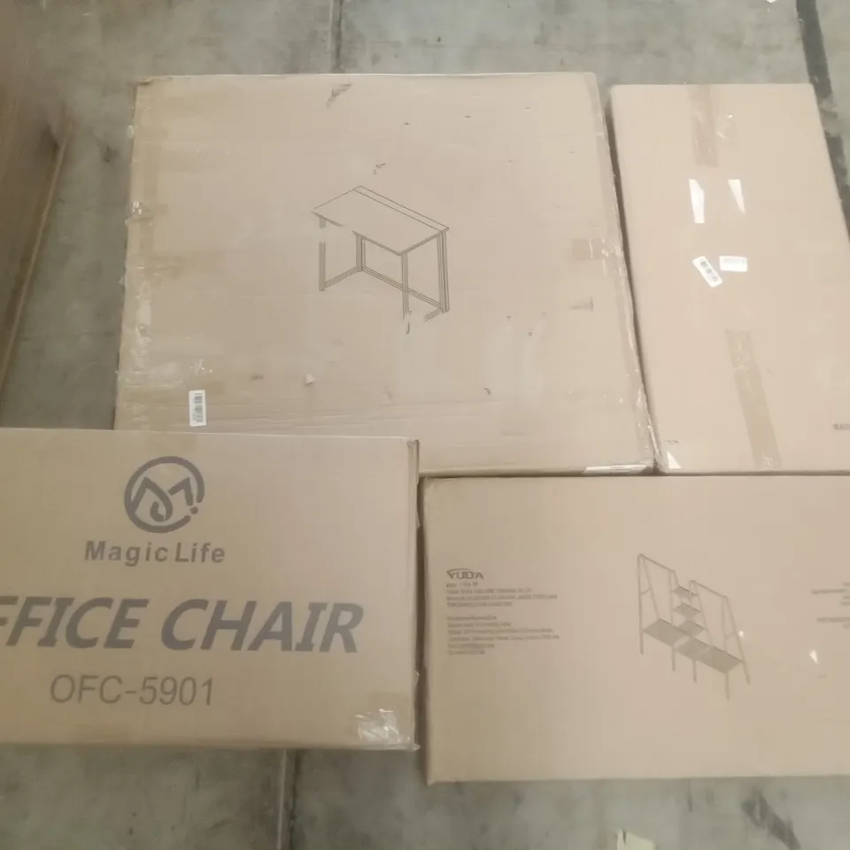 PALLET OF ASSORTED ITEMS INCLUDING YUDA METAL CLOTHES RACK WITH STORAGE SHELF, MAGIC LIFE OFFICE CHAIR, DRIPEX FOLDING WORKDESK, ART DECAL PRINT, STORAGE OTTOMAN, HOMIDEC DRYING RACK 