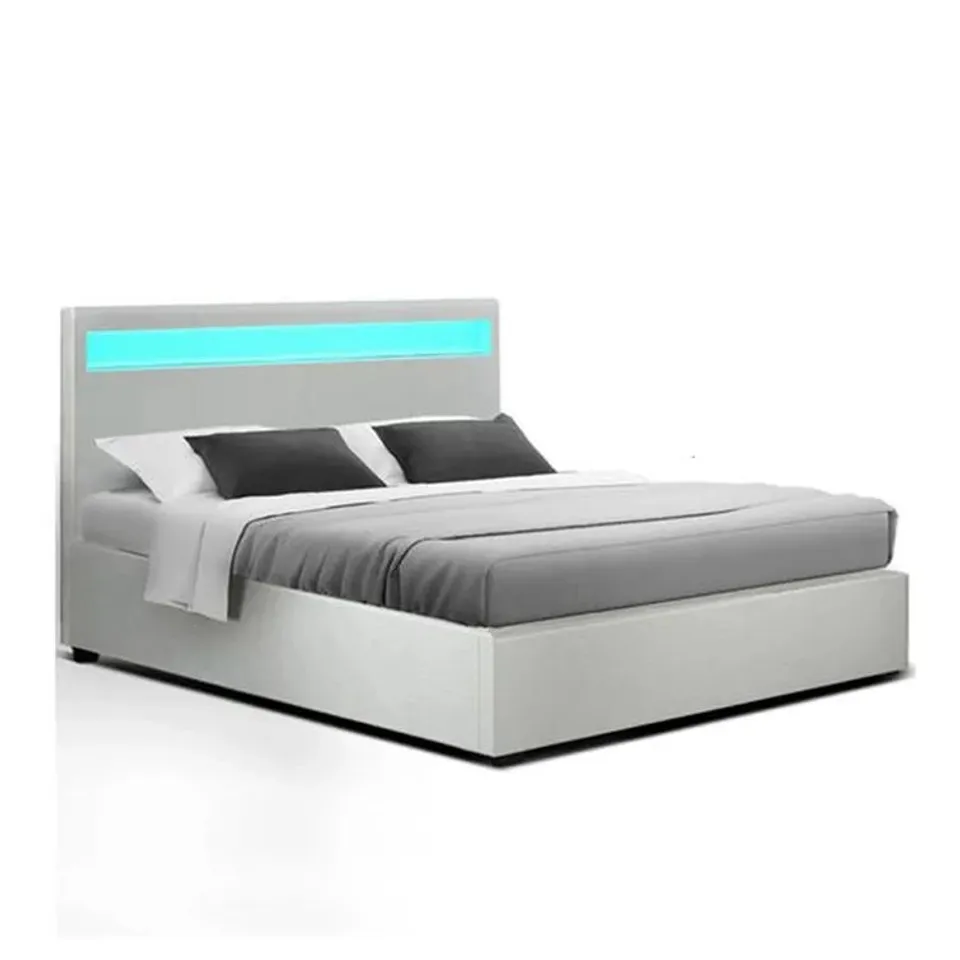BOXED CALINA LED UPHOLSTERED OTTOMAN SINGLE BEDFRAME - WHITE (2 BOXES)