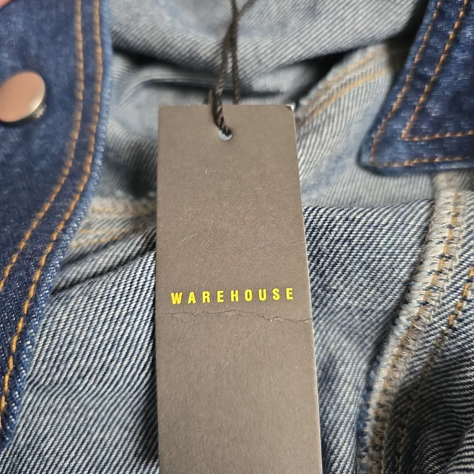 WAREHOUSE DENIM BUTTON-THROUGH COLLARED WIDE-LEG JUMPSUIT – AUTHENTIC MIDWASH, UK 12