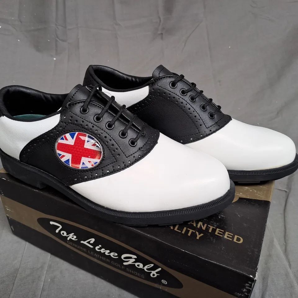 BOX OF APPROXIMATLY 12 BLACK AND WHITE TOP LINE GOLF SHOES IN VARIOUS SIZE