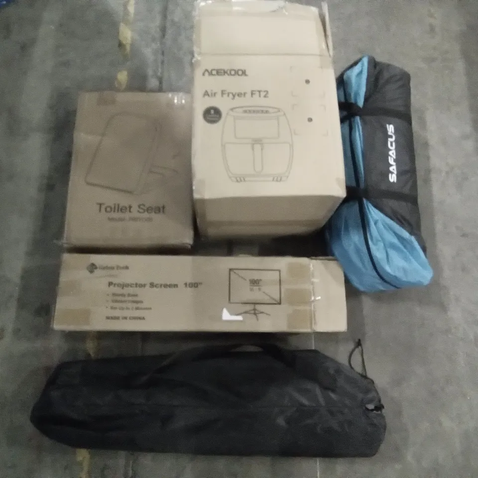 PALLET OF ASSORTED ITEMS INCLUDING ACEKOOL AIR FRYER, TOILET SEAT, GETCO TECH PROJECTOR SCREEN 100", OUTDOOR WASHING LINE, SAFACUS, AQUA SPIRIT BARRACUDA BLUE BOARD 