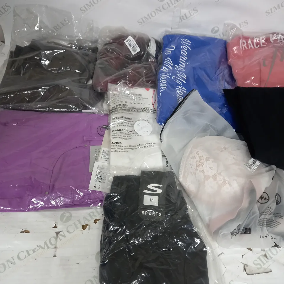LARGE BOX OF ASSORTED CLOTHING ITEMS TO INCLUDE LINGERIE, DRESSES AND JUMPERS