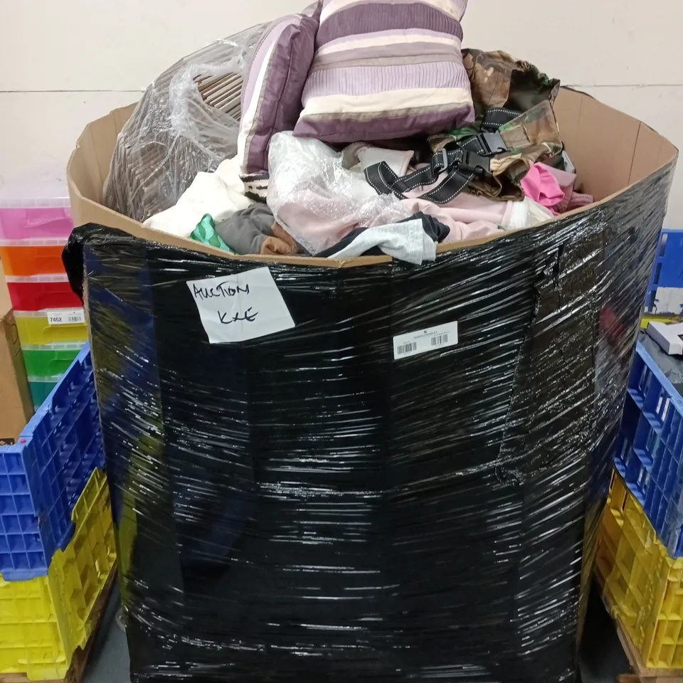 PALLET OF LARGE QUANTITY OF ASSORTED ITEMS TO INCLUDE LARGE QUANTITY OF BRANDED CLOTHING, CUSHIONS, CARDBOARD BOXES, ETC - COLLECTION ONLY
