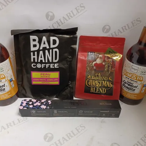 BOX OF APPROX 10 ITEMS TO INCLUDE BAD HAND COFFEE BEANS, BARISTA SALTED CARAMEL SYRUP AND BAND HAND CHRISTMAS COFFEE BLEND