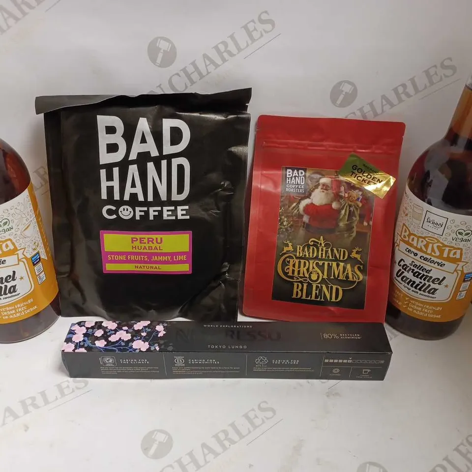 BOX OF APPROX 10 ITEMS TO INCLUDE BAD HAND COFFEE BEANS, BARISTA SALTED CARAMEL SYRUP AND BAND HAND CHRISTMAS COFFEE BLEND