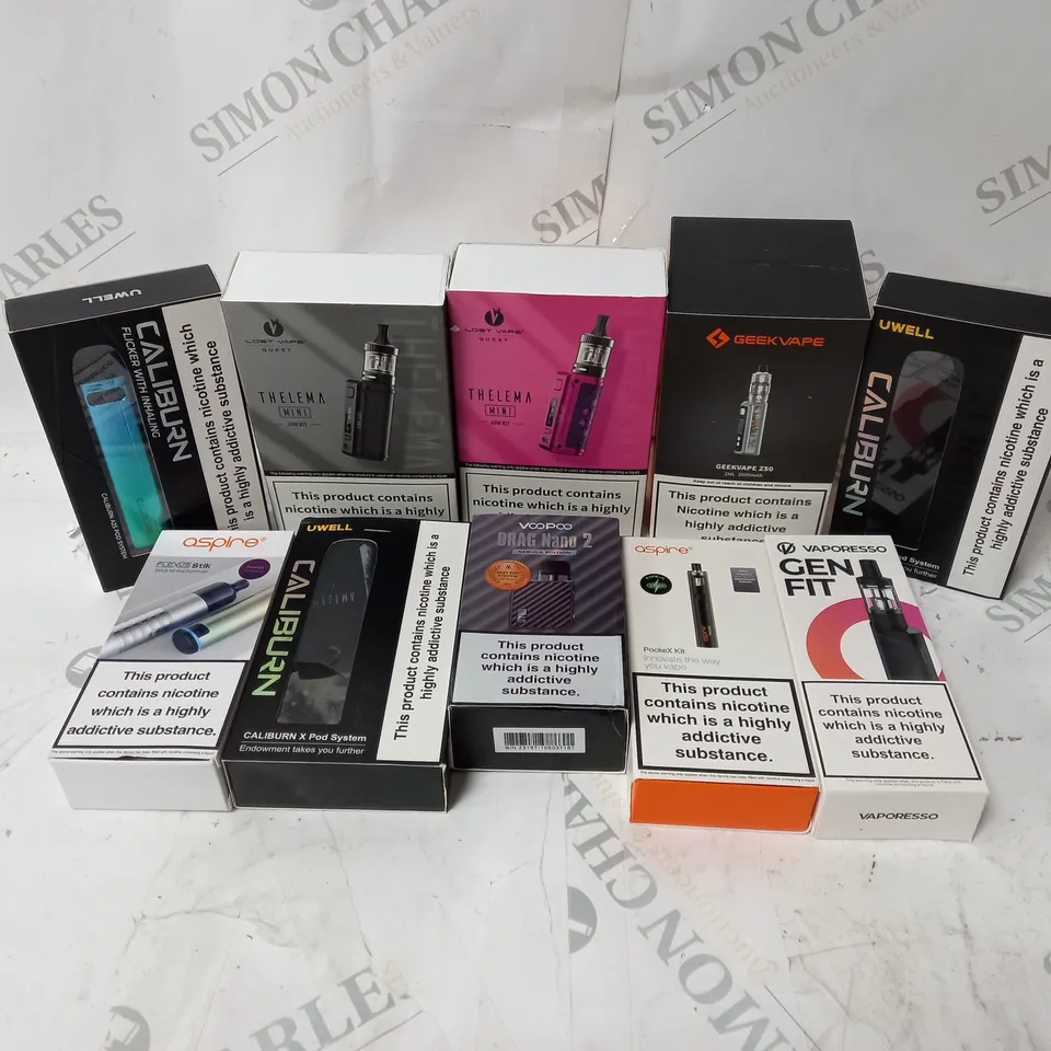 BOX OF APPROXIMATELY 10 ASSORTED E-CIG PRODUCTS TO INCLUDE UWELL CALIBURN, GEEKVAPE, ASPIRE