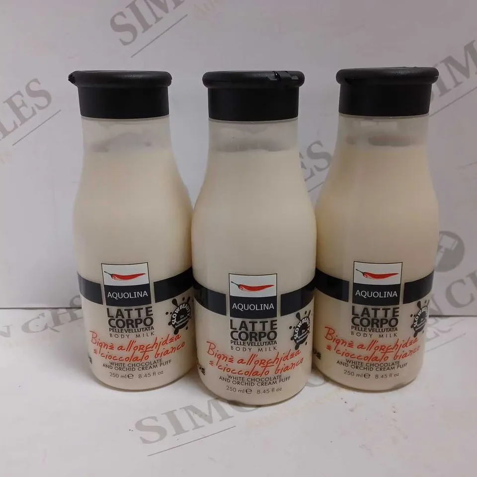 LOT OF APPROX 25 X 250ML AQUOLINA WHITE CHOCOLATE & ORCHID BODY MILK