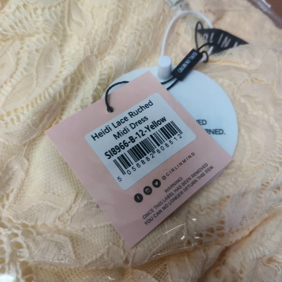 GIRL IN MIND HEIDI LACE RUCHED MIDI DRESS – YELLOW (UK 12)
