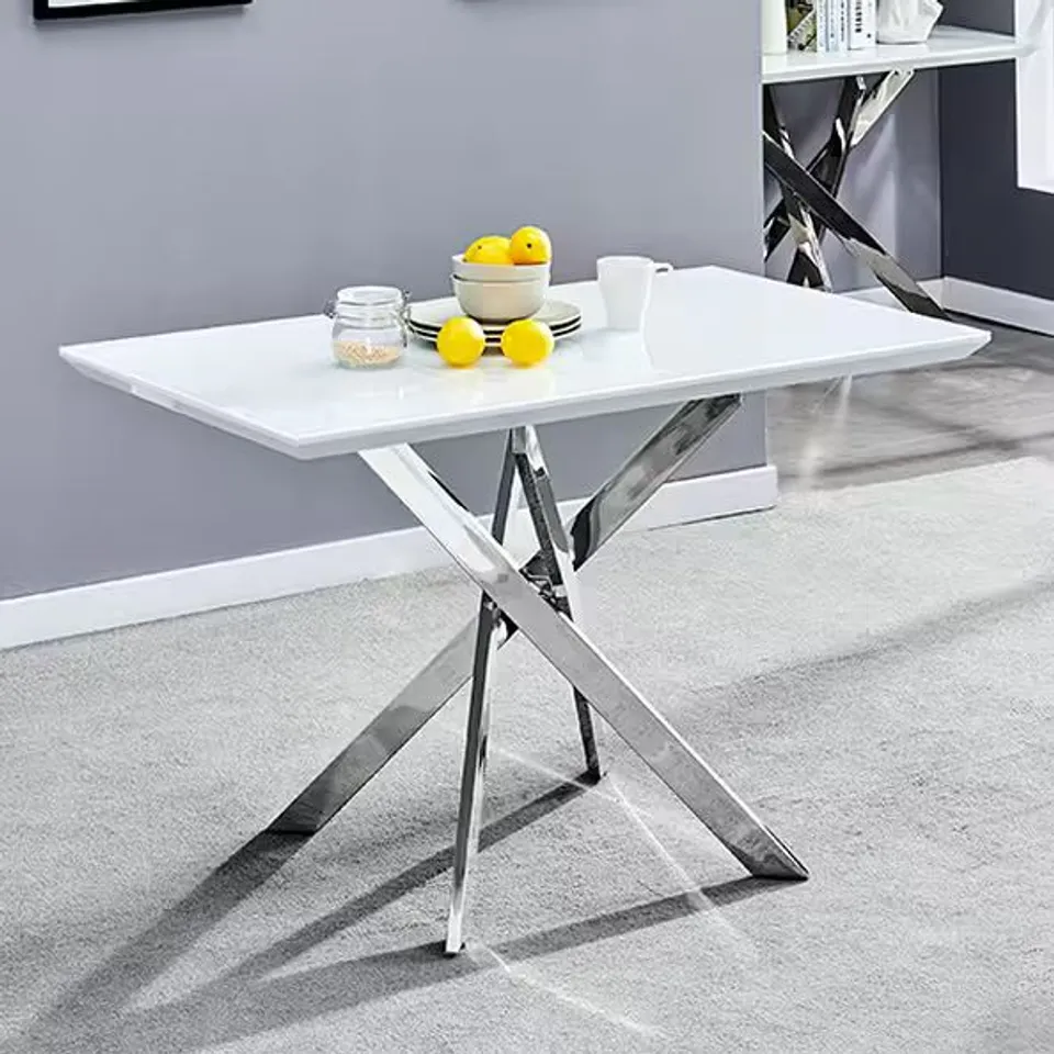BOXED PETRA SMALL WHITE HIGH GLOSS DINING TABLE WITH SUPER WHITE GLASS TOP (2 BOXES)