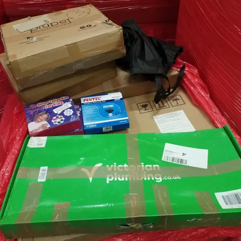 PALLET CONTAINING ASSORTED PRODUCTS INCLUDING METAL WALL DECOR, MILAN MODERN SQUARE THERMOSTATIC SHOWER, FIBERGLASS MEASURING TAPE & GLITTER TATTOO KITS FOR KIDS