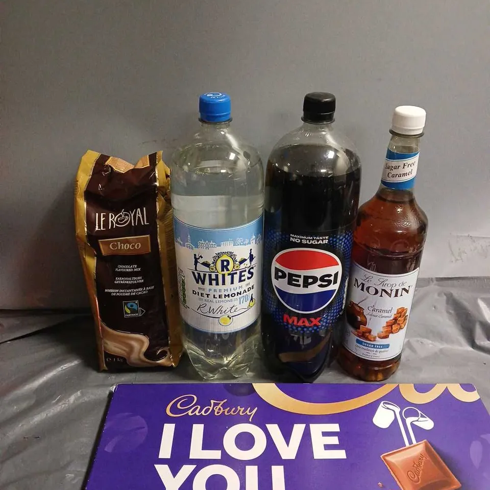 APPROXIMATELY 8 ASSORTED FOOD & DRINK ITEMS TO INCLUDE - CADBURYS CHOCOLATE BAR , PEPSI MAX , R WHITES DIET LEMONADE ETC