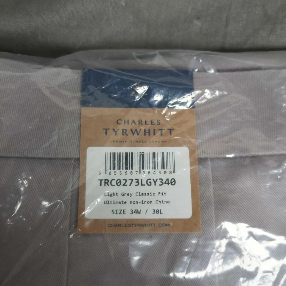 BAGGED CHARLES TYRWHITT LIGHT GREY CLASSIC FIT ULTIMATE NON-IRON CHINO TROUSERS – 34W X 30L