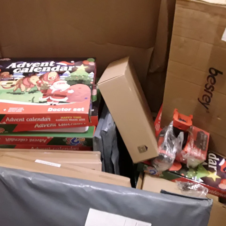 PALLET TO CONTAIN AN ASSORTMENT OF HOUSEHOLD ITEMS TO INCLUDE OFFICE CHAIR, ADVENT CALENDERS, FOOT REST AND POSTERS ECT