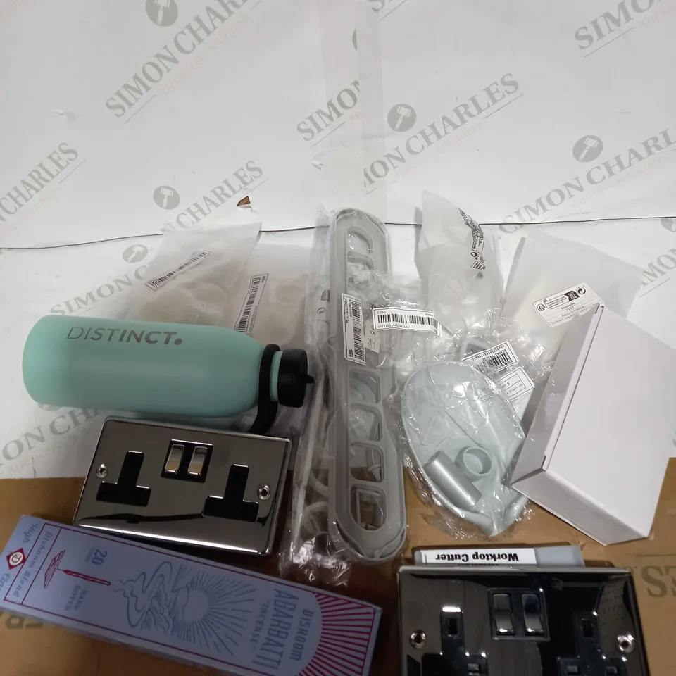 BOX OF ASSORTED HOUSEHOLD ITEMS TOO INCLUDE BOTTLES AND WALL PLUGS 