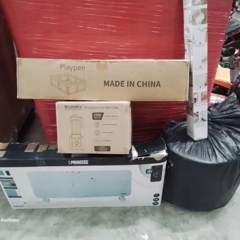 PALLET CONTAINING VARIOUS ASSORTED BOXED HOUSEHOLD ITEMS TO INCLUDE: PROFESSIONAL FOOD BLENDER, PLAYPEN, RETRACTABLE SAFETY GATE, PANEL HEATER AND LOTS MORE UNMARKED BOXED ITEMS 