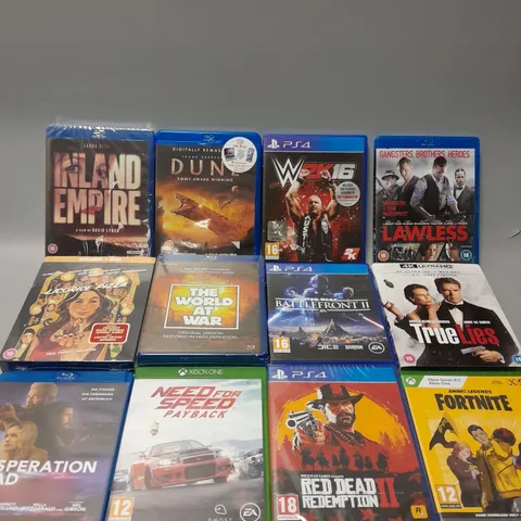 APPROXIMATELY 20 ASSORTED DVDS AND GAMES TO INCLUDE DESTINY (PS4), NETWORK THE WORLD AT WAR (BLU-RAY), RED DEAD REDEMPTION 2 (PS4), ETC