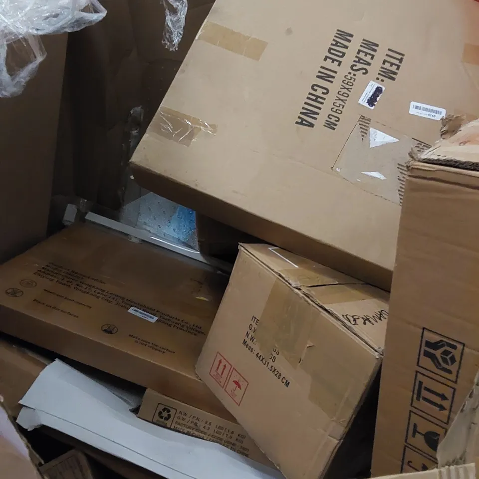 PALLET TO CONTAIN ASSORTED HOUSEHOLD ITEMS AND CONSUMER PRODUCTS. INCLUDES HEATER FANS, TURNTABLES, BOXED FURNITURE ETC 