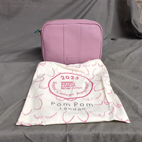 POM POM LONDON PINK MINI CROSSBODY BAG (STRAPS INSIDE), WITH WHITE POM POM LONDON BREAST CANCER AWARENESS PULL STRING BAG
