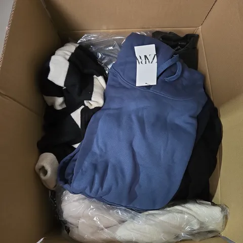 LARGE BOX OF ASSORTED CLOTHING ITEMS IN VARIOUS SIZES, STYLES AND COLOUR 