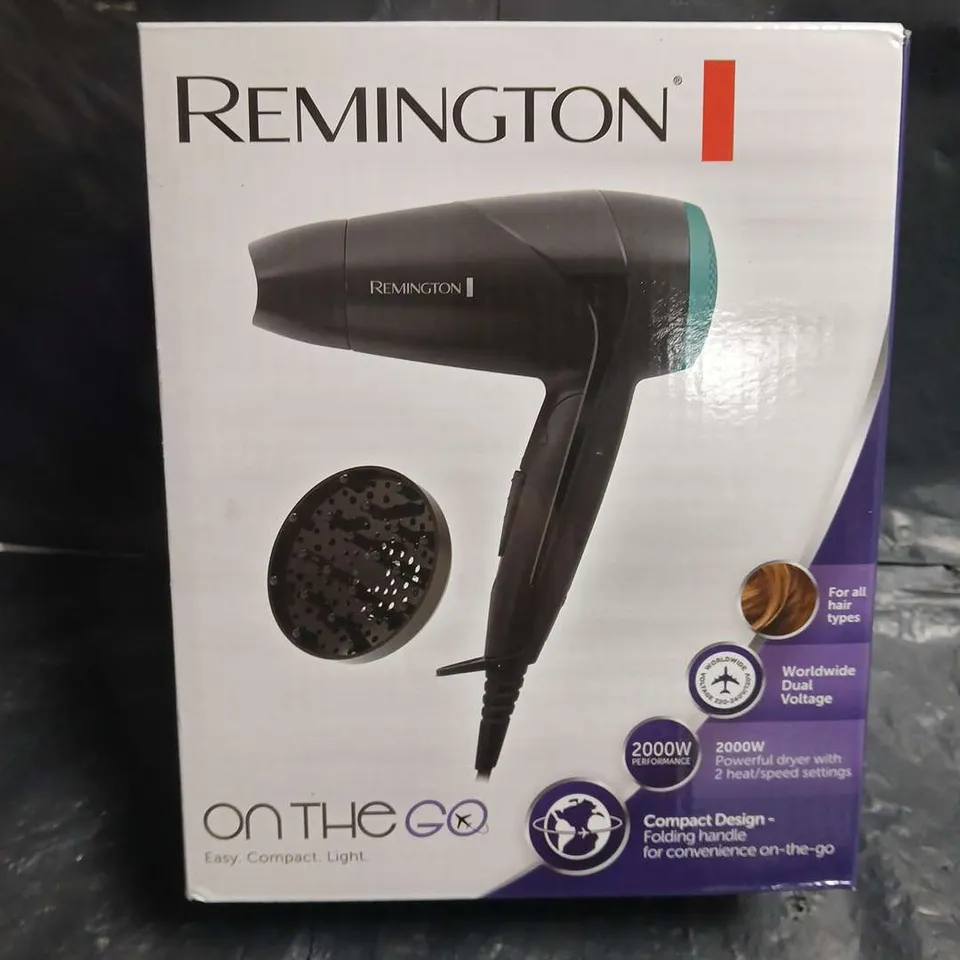 BOXED REMINGTON ON THE GO COMPACT HAIR DRYER – BLACK WITH TURQUOISE ACCENT