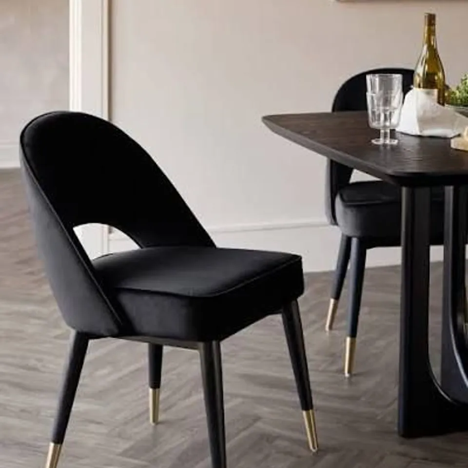 BOXED PAIR OF CLOVER BLACK VELVET DINING CHAIRS