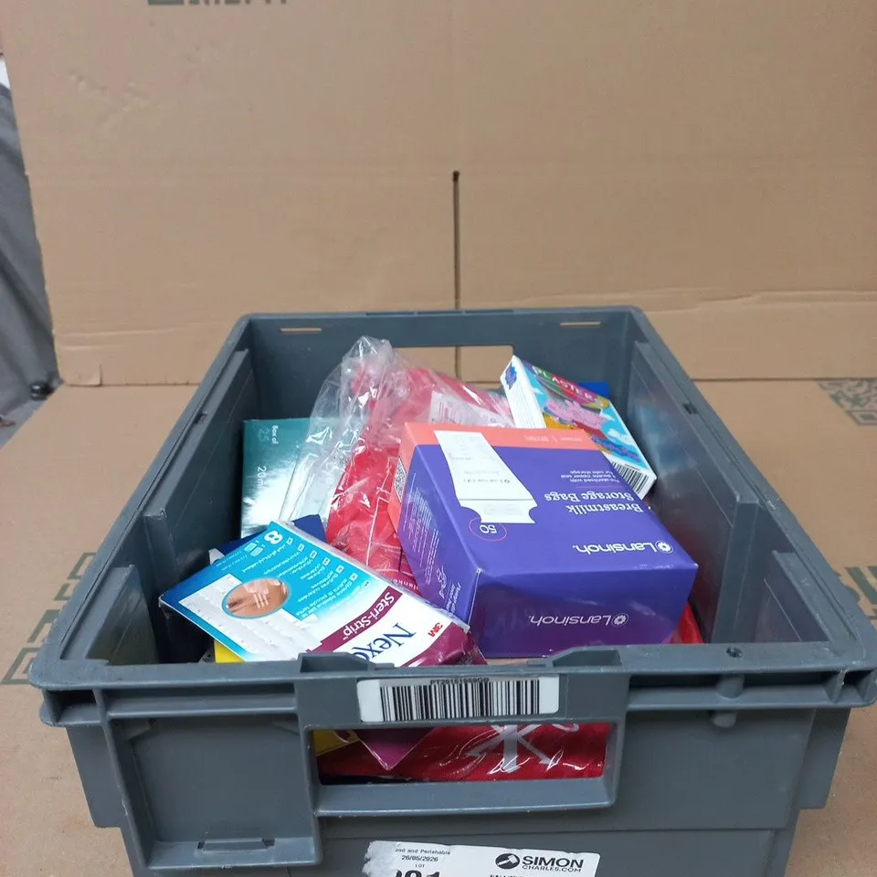 TOTE OF APPROXIMATELY 15 ASSORTED ITEMS TO INCLUDE FIRE BLANKET, SALINE EYE WASH, BREASTMILK STORAGE BAGS, PAIN RELIEF ETC