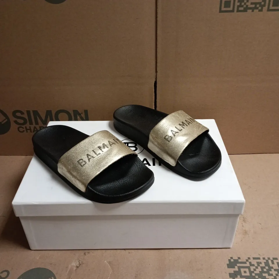 BALMAIN PARIS SLIDE SANDALS – GOLD METALLIC STRAP, BLACK SOLE (WOMEN’S) SIZE EU 32